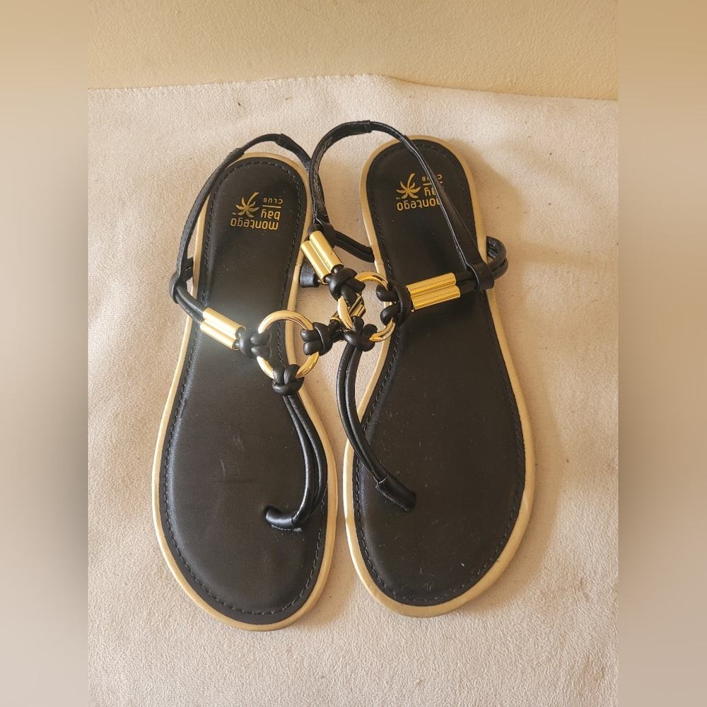 Montego Bay Club Black & Gold Ring Sandals Size US 10 Flat Slippers shoes